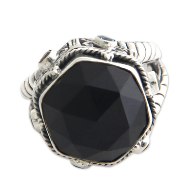 Onyx and peridot domed ring, 'Night Temple' - Handcrafted Sterling Silver and Onyx Cocktail Ring