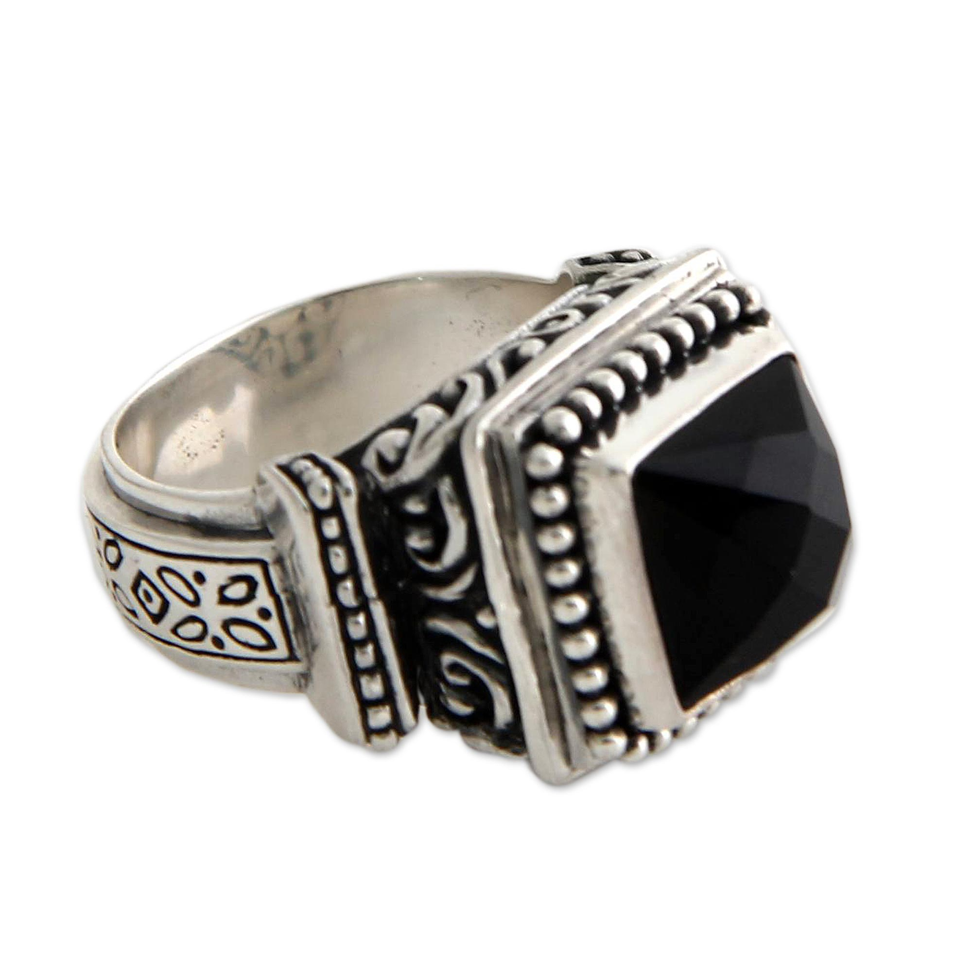 Onyx and Sterling Silver Cocktail Ring - Midnight Temple | NOVICA