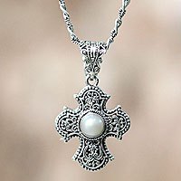 Cultured pearl cross necklace, 'Purity of Spirit'