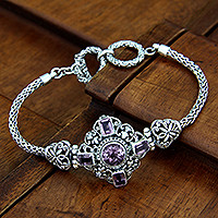 Amethyst braided bracelet, 'Taman Ayun Light' - Amethyst and Sterling Silver Bracelet