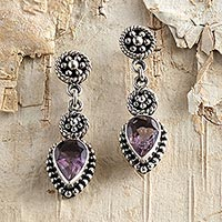 Amethyst dangle earrings, 'Balinese Jackfruit' - Sterling Silver and Amethyst Dangle Earrings