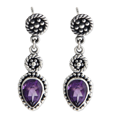 Amethyst dangle earrings, 'Balinese Jackfruit' - Sterling Silver and Amethyst Dangle Earrings