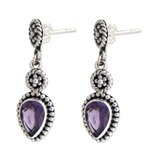 Amethyst dangle earrings, 'Balinese Jackfruit' - Sterling Silver and Amethyst Dangle Earrings