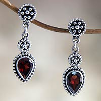 Garnet dangle earrings, 'Balinese Jackfruit' - Hand Made Sterling Silver and Garnet Dangle Earrings