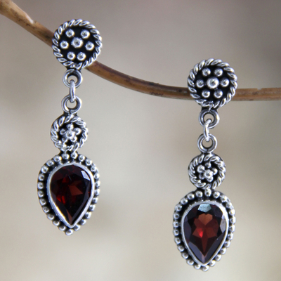Garnet dangle earrings, 'Balinese Jackfruit' - Hand Made Sterling Silver and Garnet Dangle Earrings