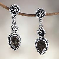 Smoky quartz dangle earrings, 'Balinese Jackfruit' - Unique Sterling Silver and Smoky Quartz Earrings