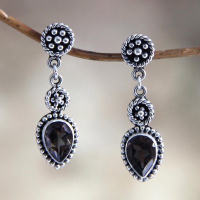 Smoky quartz dangle earrings, 'Balinese Jackfruit' - Unique Sterling Silver and Smoky Quartz Earrings