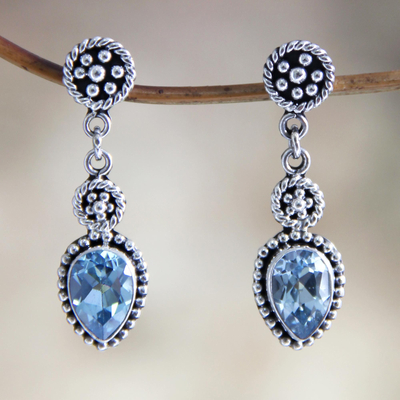 Blue topaz dangle earrings, 'Balinese Jackfruit' - Blue Topaz and Sterling Silver Dangle Earrings