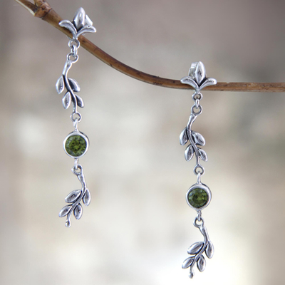 Peridot dangle earrings, 'A New Leaf' - Sterling Silver and Peridot Dangle Earrings