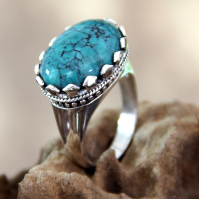 Sterling silver single stone ring, 'Lavish Bali' - Reconstituted Turquoise and Sterling Silver Ring