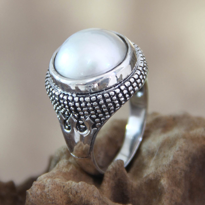 anillo de perlas cultivadas - Anillo de cúpula hecho a mano con perlas y plata esterlina