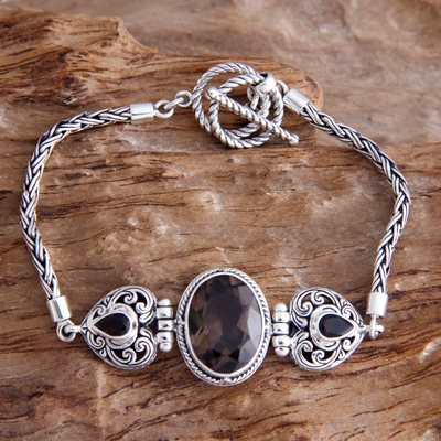 Smoky quartz heart bracelet, 'Love's Commitment' - Heart Shaped Sterling Silver and Smoky Quartz Bracelet