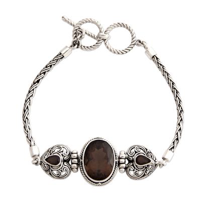 Smoky quartz heart bracelet, 'Love's Commitment' - Heart Shaped Sterling Silver and Smoky Quartz Bracelet