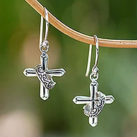 Sterling silver dangle earrings, 'Cross and Crown' - Sterling Silver Cross Earrings from Indonesia