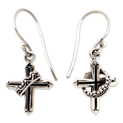 Sterling silver dangle earrings, 'Cross and Crown' - Sterling Silver Religious Earrings