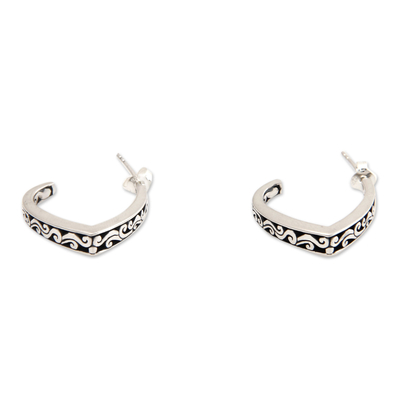 Sterling silver half hoop earrings, 'Royal Bali' - Handcrafted Sterling Silver Half Hoop Earrings