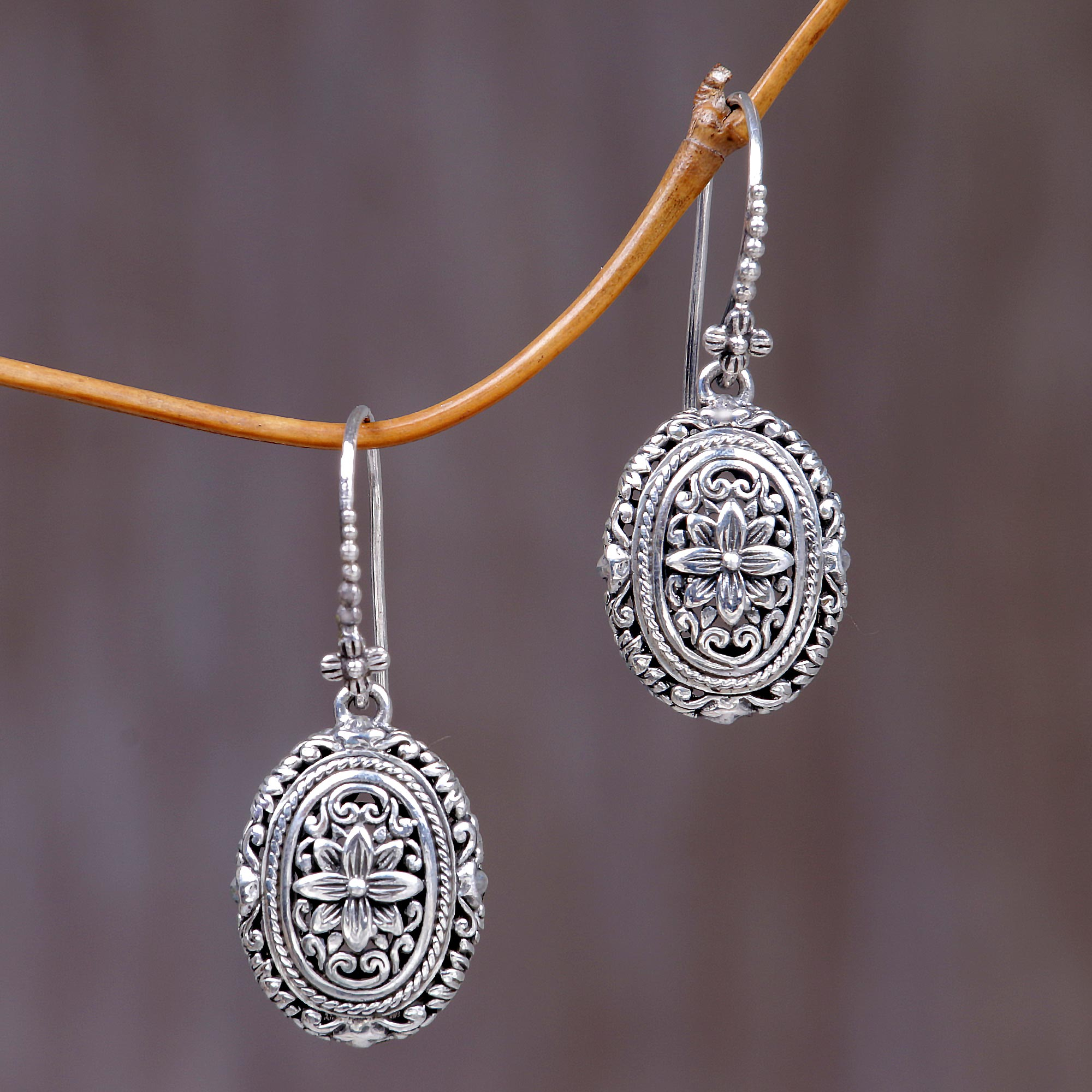 Indonesian Sterling Silver Dangle Earrings, 'Pura Lotus'
