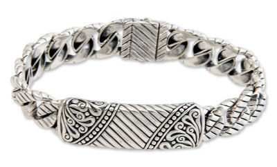 Men's sterling silver bracelet, 'Batik Shield' - Men's Hand Crafted Sterling Silver Link Bracelet