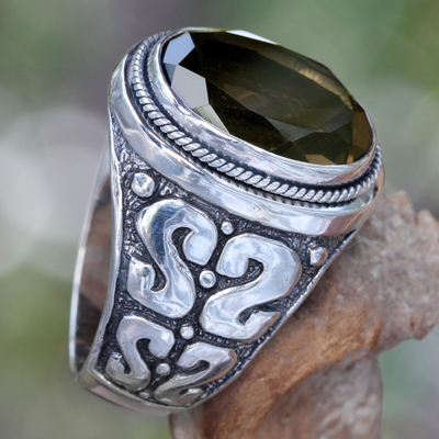 Men's smoky quartz ring, 'Java Shadow' - Men's Unique Sterling Silver and Smoky Quartz Ring