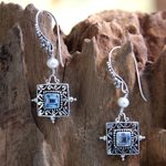 Cultured pearls and blue topaz dangle earrings, 'Celuk Muse' - Blue Topaz and Pearl Silver Dangle Earrings