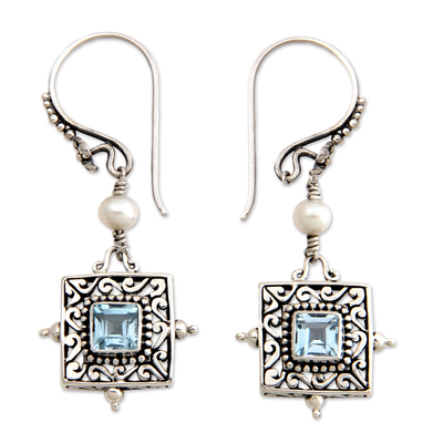 Cultured pearls and blue topaz dangle earrings, 'Celuk Muse' - Blue Topaz and Pearl Silver Dangle Earrings