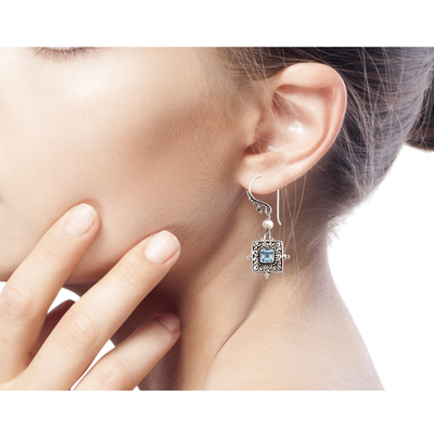 Cultured pearls and blue topaz dangle earrings, 'Celuk Muse' - Blue Topaz and Pearl Silver Dangle Earrings