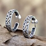 Sterling silver half hoop earrings, 'Bali Flora' - Sterling Silver Half Hoop Earrings
