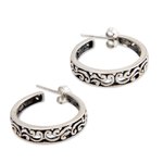 Sterling silver half hoop earrings, 'Bali Flora' - Sterling Silver Half Hoop Earrings
