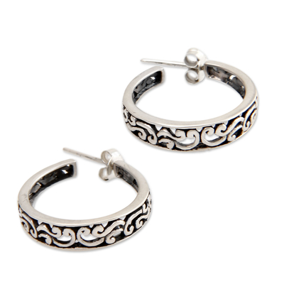 Sterling silver half hoop earrings, 'Bali Flora' - Sterling Silver Half Hoop Earrings