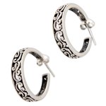 Sterling silver half hoop earrings, 'Bali Flora' - Sterling Silver Half Hoop Earrings