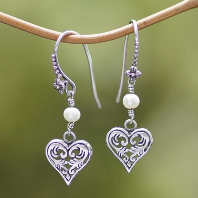 Cultured pearl heart earrings, 'Love in Nature' - Silver and Pearl Heart Earrings