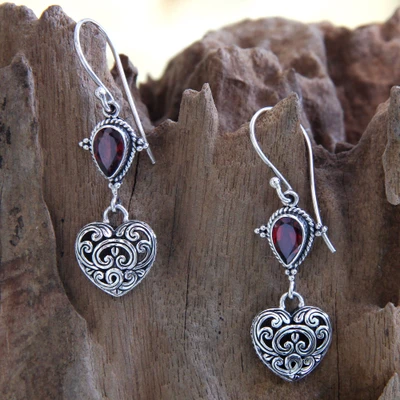 Garnet heart earrings, 'Love's Compassion' - Heart Shaped Sterling Silver and Garnet Earrings