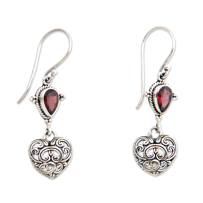 Garnet heart earrings, 'Love's Compassion' - Heart Shaped Sterling Silver and Garnet Earrings