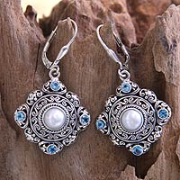 Cultured pearl and blue topaz dangle earrings, Mahameru