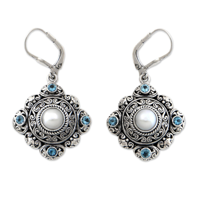 Cultured pearl and blue topaz dangle earrings, 'Mahameru' - Handmade Pearl and Blue Topaz Silver Earrings
