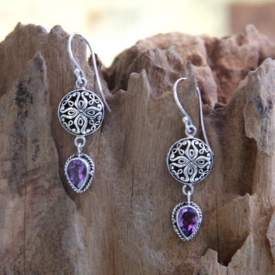 Amethyst dangle earrings, 'Kintamani' - Sterling Silver and Amethyst Dangle Earrings