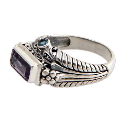 Amethyst and blue topaz cocktail ring, 'Sea Temple' - Amethyst and Sterling Silver Cocktail Ring