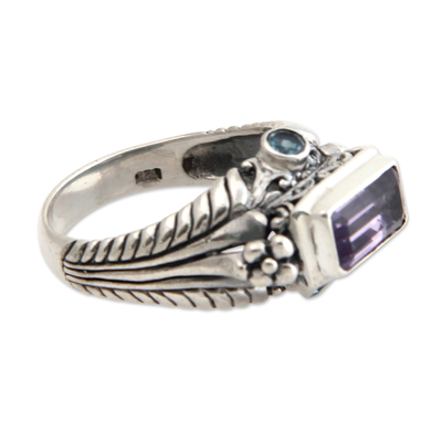 Amethyst and blue topaz cocktail ring, 'Sea Temple' - Amethyst and Sterling Silver Cocktail Ring