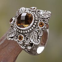 Anillo cóctel de cuarzo y citrino - Anillo Cocktail de Plata de Ley y Cuarzo Ahumado