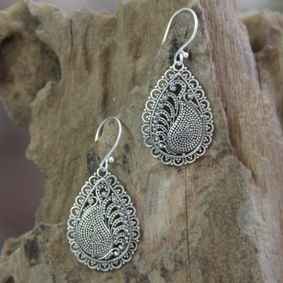 Sterling silver dangle earrings, 'Peacock Arabesque' - Handcrafted Sterling Silver Dangle Earrings