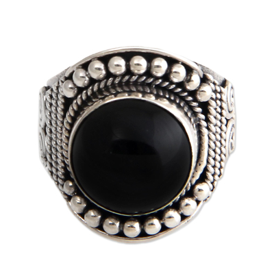 Onyx cocktail ring, 'Immortal Night' - Unique Onyx and Silver Cocktail Ring from Indonesia