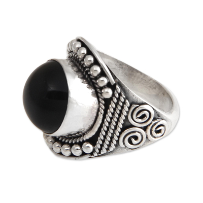 Onyx cocktail ring, 'Immortal Night' - Unique Onyx and Silver Cocktail Ring from Indonesia