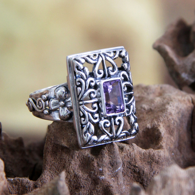 Amethyst cocktail ring, 'Mythic Garden' - Sterling Silver and Amethyst Cocktail Ring