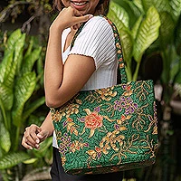 Beaded cotton batik tote bag, 'Princess Art' - Indonesian Batik and Bead Cotton Tote Bag