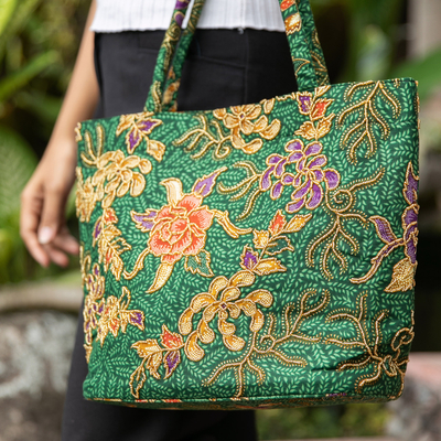 Perlenbesetzte Batik-Einkaufstasche aus Baumwolle - Indonesische Batik- und Perlen-Baumwoll-Einkaufstasche