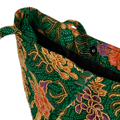 Perlenbesetzte Batik-Einkaufstasche aus Baumwolle - Indonesische Batik- und Perlen-Baumwoll-Einkaufstasche