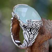 Sterling silver cocktail ring, 'Blue Depths' - Etched Silver with Aqua Chalcedony Gemstone Ring