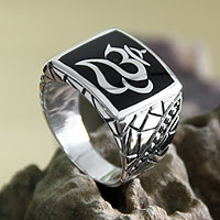 Men's sterling silver ring, 'Balinese Om' - Men's Unique Sterling Silver Signet Ring