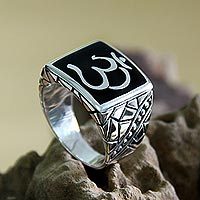 Men's sterling silver ring, 'Sanskrit Om' - Men's Sterling Silver Signet Ring from Indonesia