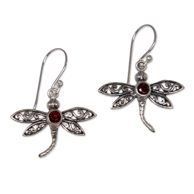 Garnet dangle earrings, 'Enchanted Dragonfly' - Handcrafted Indonesian Silver and Garnet Earrings